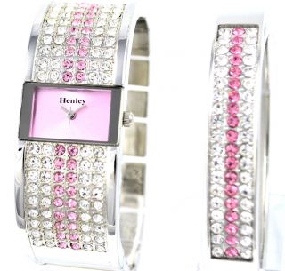 Sparkling Czech Pink Crystal Watch & Bangle,  Ladies Gift Set By Henley