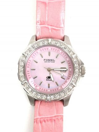 Fossil Blue Womens Am - 3794 Stainless Steel Case 30mm Watch Pink Leather Band