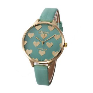 Ladies Fashion Wrist Watch Hearts Gold Green Faux Leather Strap