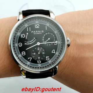 Hot 42mm Parnis Black Dial Classic Power Reserve Indicator Automatic Mens Watch