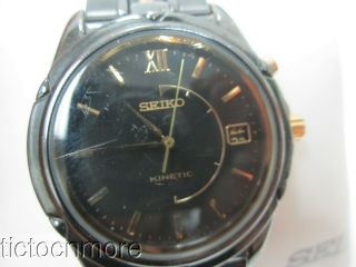 SEIKO KINETIC DATE WATCH MENS TWO - TONE BLACK DIAL 37mm TiCn PLATED,  BOX 4