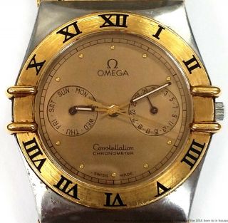 Omega Constellation Day Date Full Bar 18k Gold Steel Mens Large Size Watch