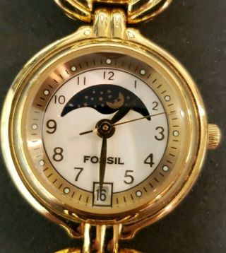 Fossil ES8633 Ladies Moon Phase Watch Blue Braided Leather Band Gold Battery 2