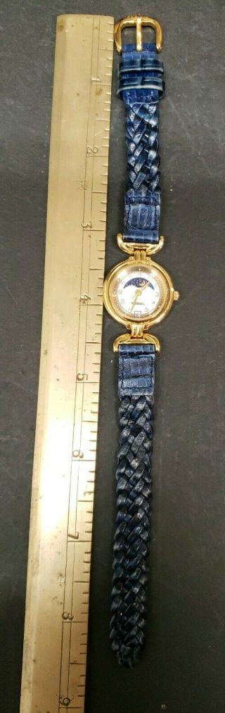 Fossil ES8633 Ladies Moon Phase Watch Blue Braided Leather Band Gold Battery 7