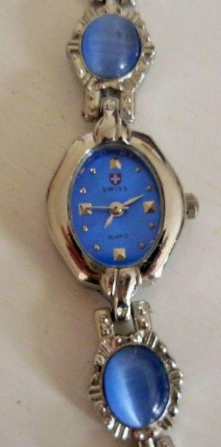 Swiss Watch,  Silver Tone,  Blue Face,  Blue Stones On Bracelet