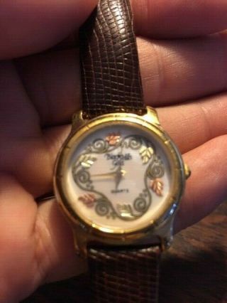 Black Hills Gold Quartz Watch With Brown Leather Band Mop Face