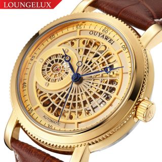 Mens Leather Strap Luxury Fashion Bling Skeleton Automatic Mechanical Watch