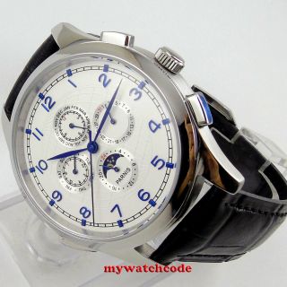 44mm Parnis White Dial Blue Marks Moon Phase Multifunction Automatic Mens Watch