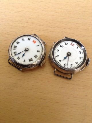 2 Ww1 Era Silver Trench Watchs For Spares / Repairs As Non Running - Hallmarked.