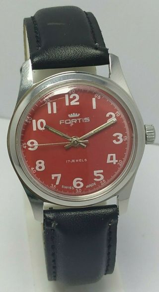 Swiss Made Vintage Fortis Red Dial Hand Winding 17j Wrist Watch Men 