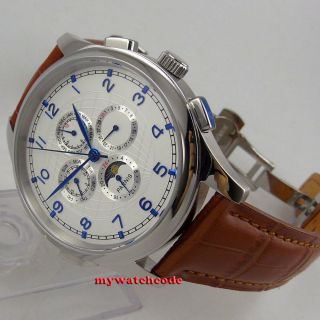 44mm Parnis White Dial Moon Phase Date Day Deployment Clasp Automatic Mens Watch