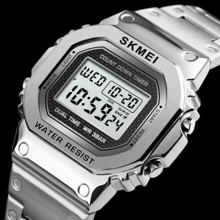 Fashion Alarm Digital Mens Skmei Sports Waterproof Stainless Steel Wrist Watch