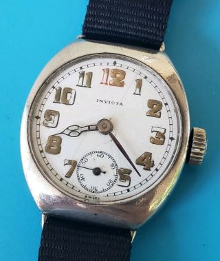 Vintage Extra Rare Ww1 Invicta Military Trench 32mm Sterling Silver Mens Watch