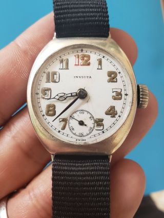 Vintage Extra RARE WW1 INVICTA MILITARY TRENCH 32mm Sterling Silver Mens Watch 5