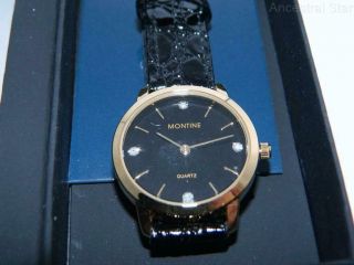 Women ' s MONTINE elegant Gold Plated Black dial Round Leather Strap watch,  Gemmed 2