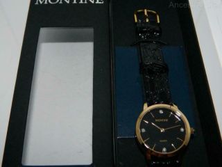 Women ' s MONTINE elegant Gold Plated Black dial Round Leather Strap watch,  Gemmed 3