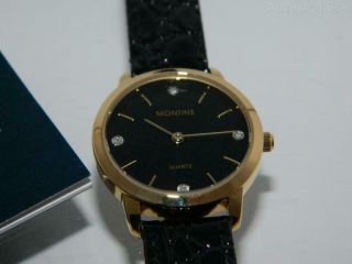 Women ' s MONTINE elegant Gold Plated Black dial Round Leather Strap watch,  Gemmed 4