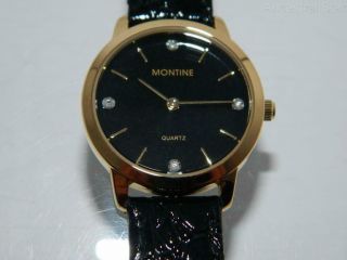 Women ' s MONTINE elegant Gold Plated Black dial Round Leather Strap watch,  Gemmed 5