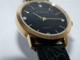 Women ' s MONTINE elegant Gold Plated Black dial Round Leather Strap watch,  Gemmed 6