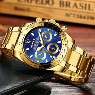 Classic Golden Quartz Wrist Watch For Man Blue Face