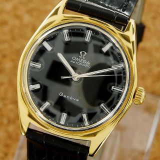 Authentic Omega Geneve Black Dial Gold Plated Automatic Mens Wrist Watch