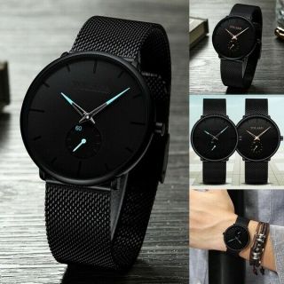 Mens Fashion Classic Black Wristwatch Herren Uhren Luxury Alloy Mesh Belt Ultra
