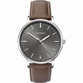 Sekonda 1378 Gents Dark Grey Dial Brown Leather Strap Watch Rrp £44.  99