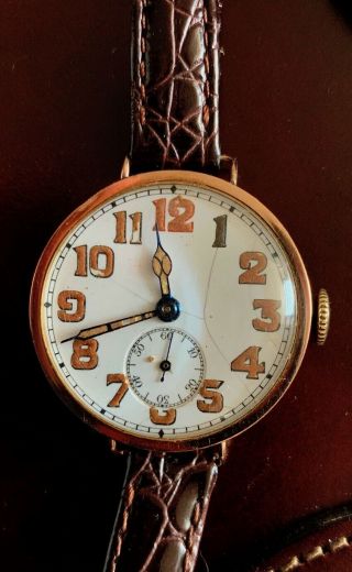 Officers Trench Watch 9ct Gold Case 1924 Enamel Porcelain Dial