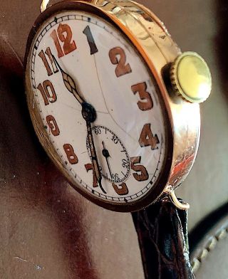 Officers Trench Watch 9ct Gold Case 1924 Enamel Porcelain Dial 7