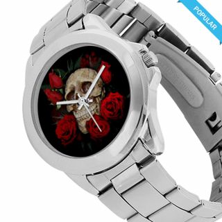 Skull And Roses Stainless Steel Watch Quartz Skeleton Gothic Punk Wristwatch