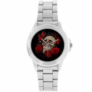 SKULL and ROSES Stainless Steel Watch Quartz Skeleton Gothic Punk Wristwatch 2