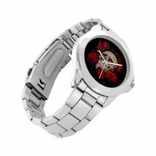 SKULL and ROSES Stainless Steel Watch Quartz Skeleton Gothic Punk Wristwatch 3