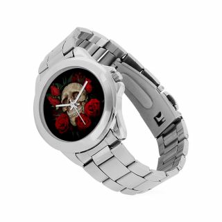 SKULL and ROSES Stainless Steel Watch Quartz Skeleton Gothic Punk Wristwatch 5