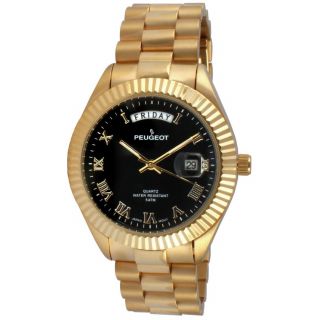 Peugeot 14k All Gold - Plated Day - Date Roman Numeral Stainless Steel Watch