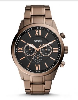$185 Nwt Fossil Mens Flynn Chronograph Brown Stainless Steel Watch
