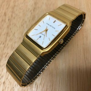 Vintage Halston Men Gold Tone Slim Rectangle Quartz Watch Hours Batt