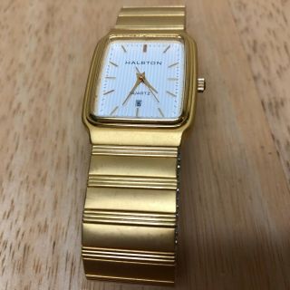 Vintage Halston Men Gold Tone Slim Rectangle Quartz Watch Hours Batt 2
