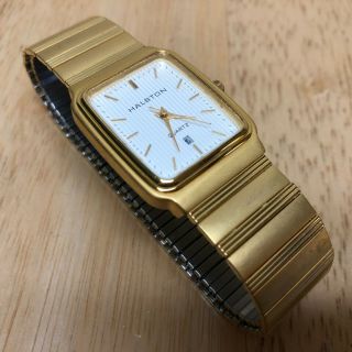 Vintage Halston Men Gold Tone Slim Rectangle Quartz Watch Hours Batt 3