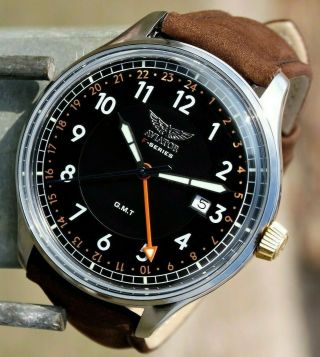 2 Units X Aviator Men Watch Gmt Vintage Pilot Leather Strap ⚠defective Watches ⚠
