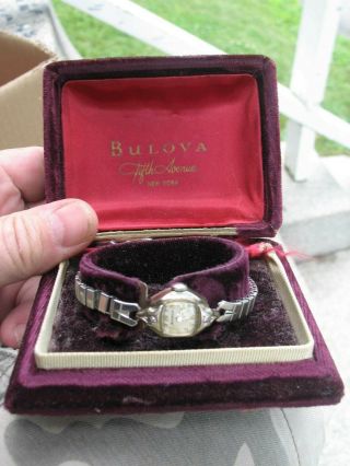 Vintage Ladies Bulova 5th Ave 10k White Gold Filled Watch W/ 2 Diamonds & Box
