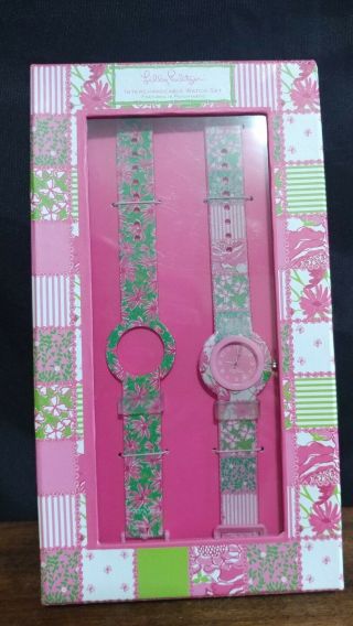 Lilly Pulitzer Patchtastic Wrist Watch Set 2 Changeable Bands Pink Colorful Ld