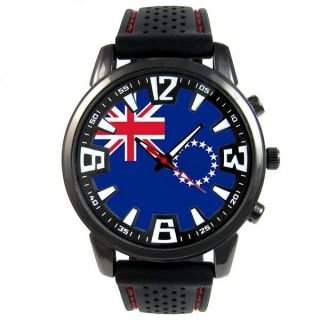 Cook Islands Flag Mens Black Rubber Silicone Strap Quartz Wrist Watch S53f