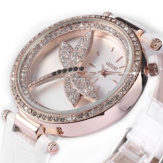 Guou Bling Crystal Dragonfly Women Lady Girl White Leather Quartz Watch