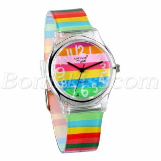 Kids Rainbow Color Stripe Cartoon Transparent Quartz Watches Children 