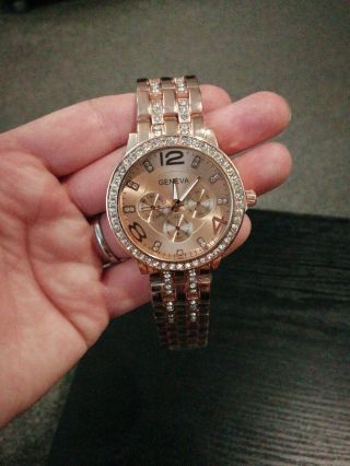 Chronograph Designer Style Geneva Ladies Rose Gold Women Crystals Bling Watch