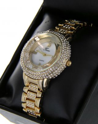 Women Luxury 14k Gold Finis Blinged Out Watch Bracelet With Florating Crystals