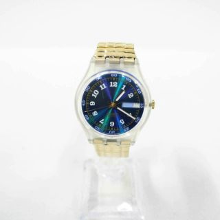 Swiss Swatch Watch In Case Blue Face Gold Coloured Link Bracelet 405