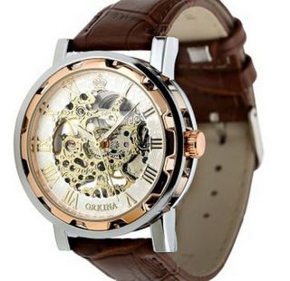 Fashion Mans Boy Leather Band Stainless Skeleton Mechanical Wristwatch Brown