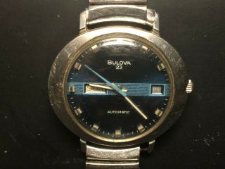 Vintage Bulova 23 Jewel Automatic Mens Wrist Watch Blue Face Day Date