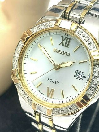 Seiko Solar Ladies Mop Dial Diamond Bezel Two Tone Stainless Steel Watch Sut068